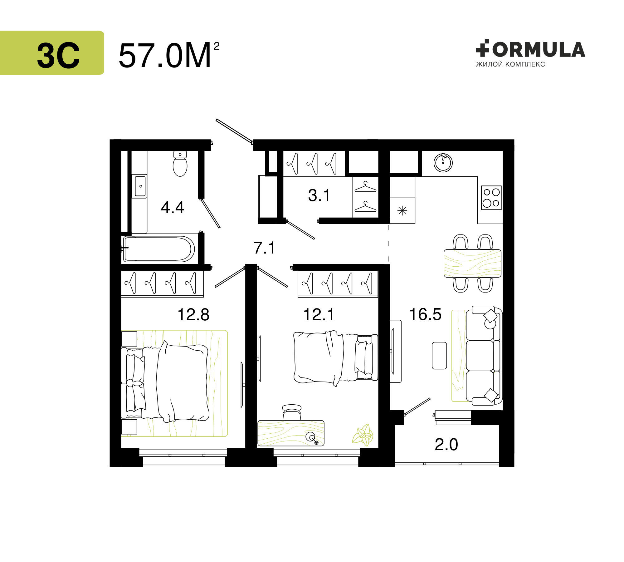 Формула | Планировка 6 | 3 студия / 57 м2