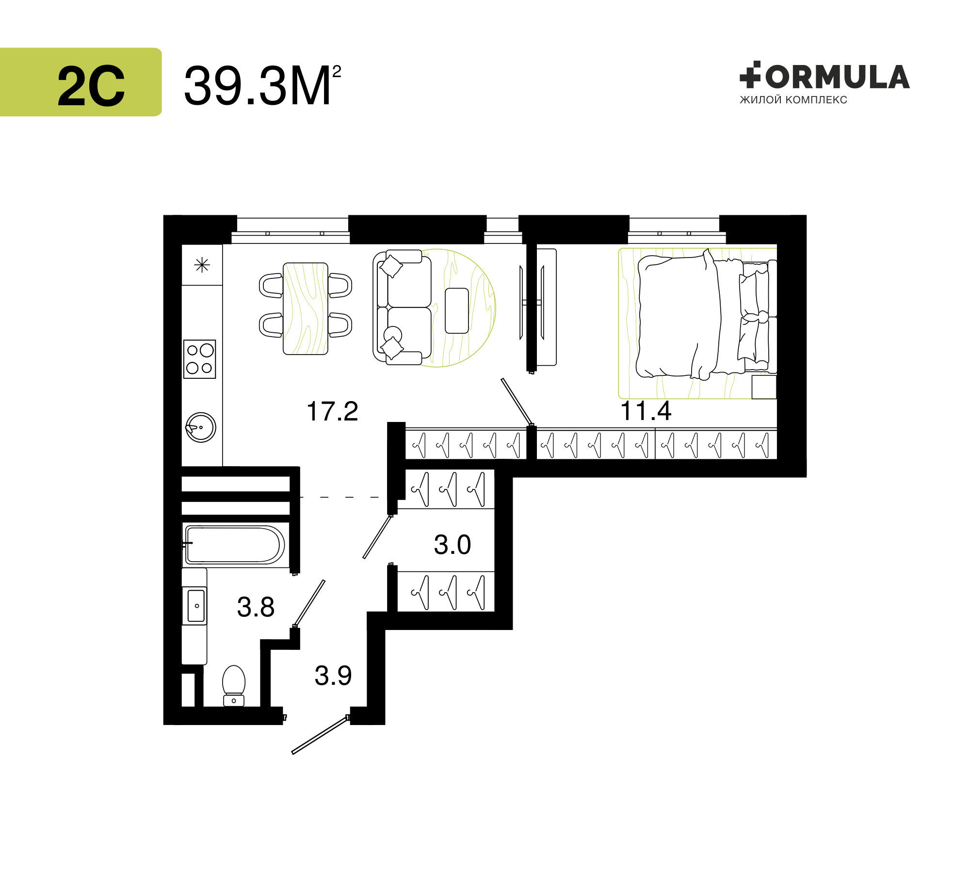 Формула | Планировка 3 | 2 студия / 39,3 м2