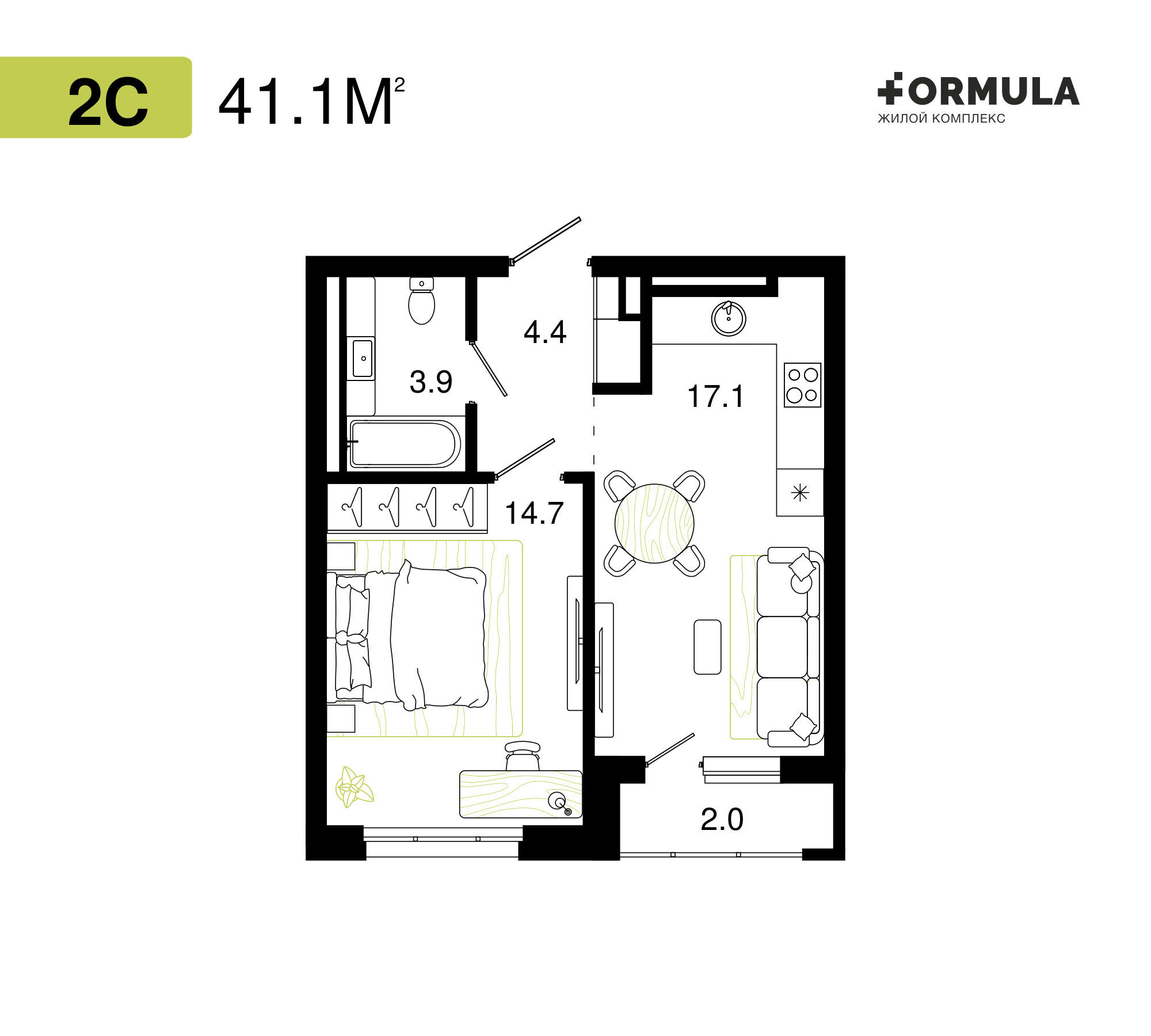 Формула | Планировка 11 | 2 студия / 41,1 м2