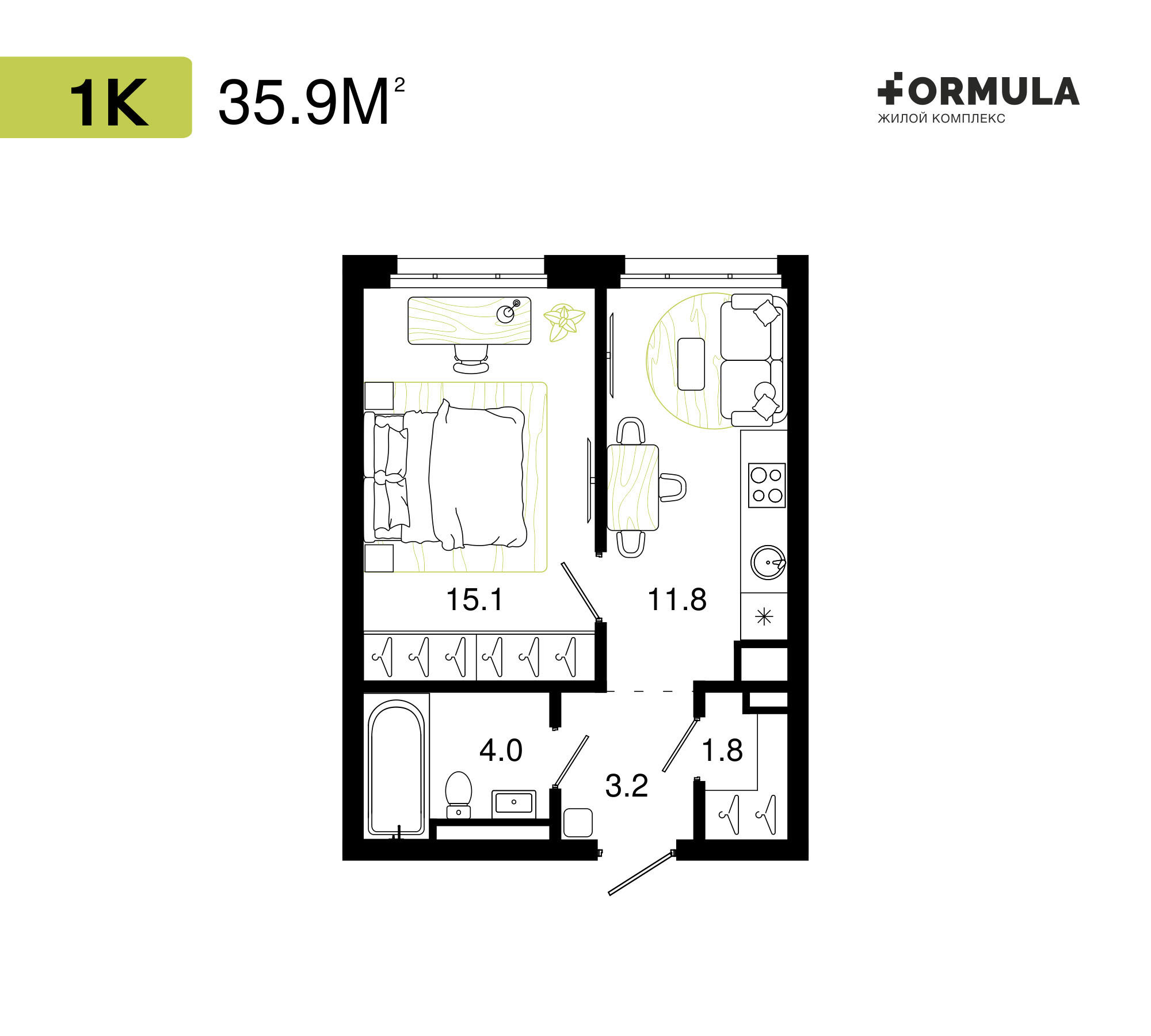Формула | Планировка 1 | 1 комнаты / 35,9 м2