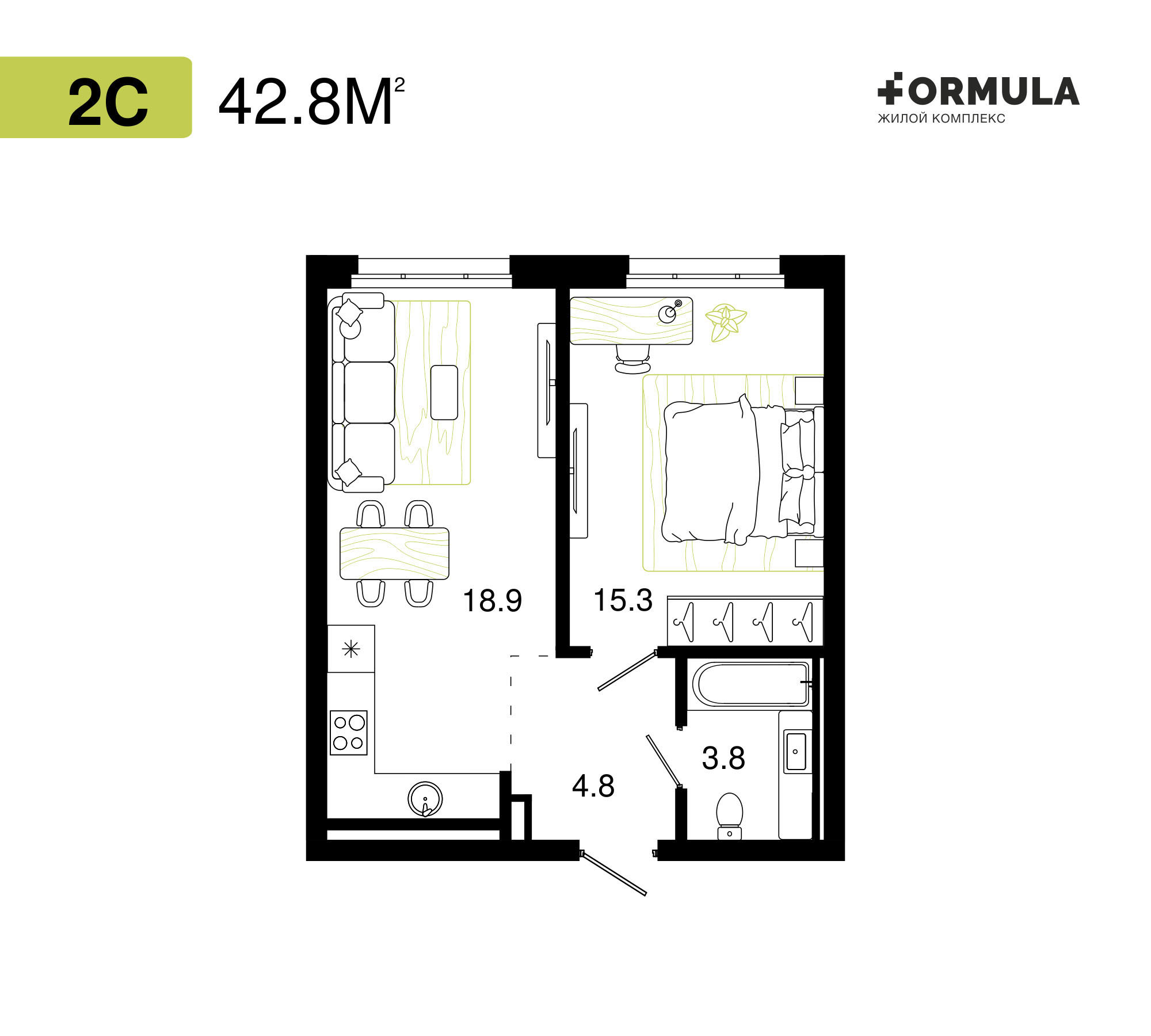 Формула | Планировка 17 | 2 студия / 42,8м2