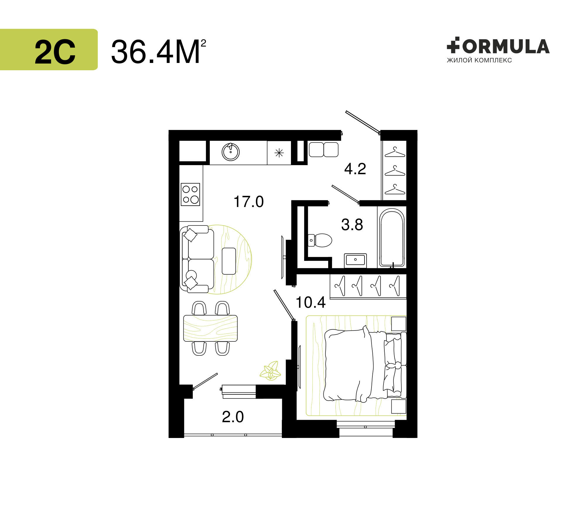 Формула | Планировка 1 | 2 студия / 36,4 м2