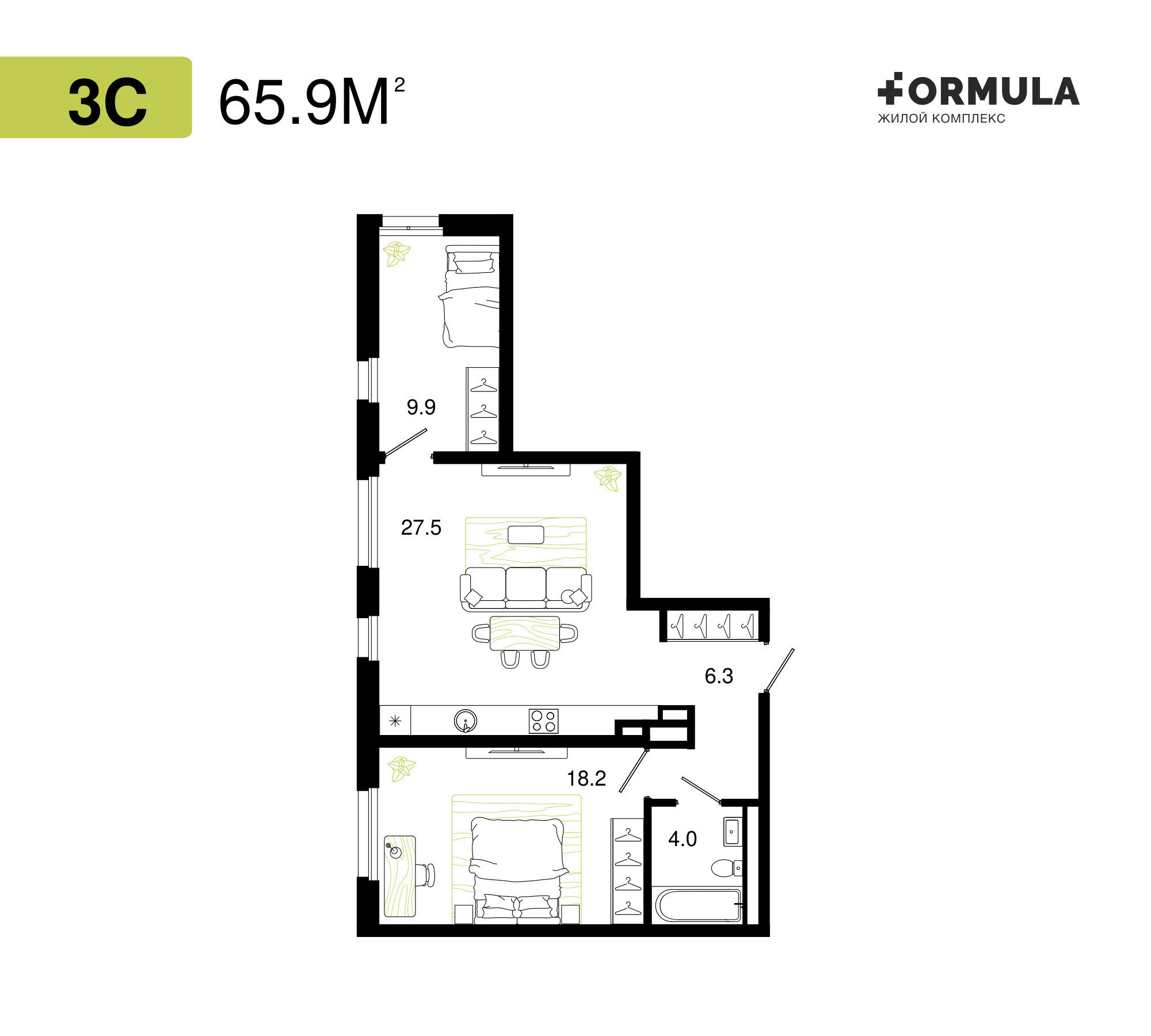 Формула | Планировка 8 | 3 студия / 65,9 м2
