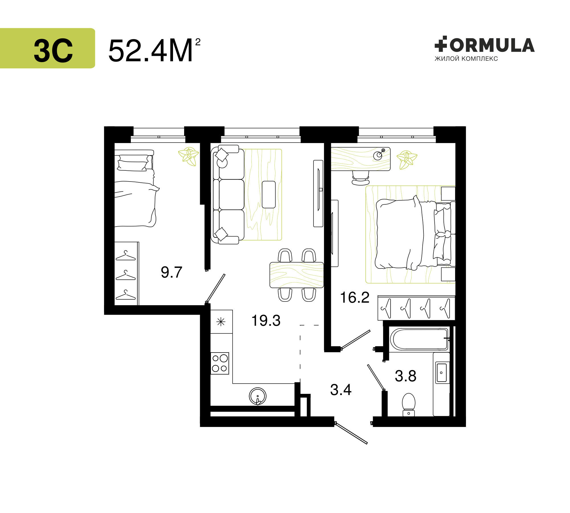 Формула | Планировка 3 | 3 студия / 52,4 м2