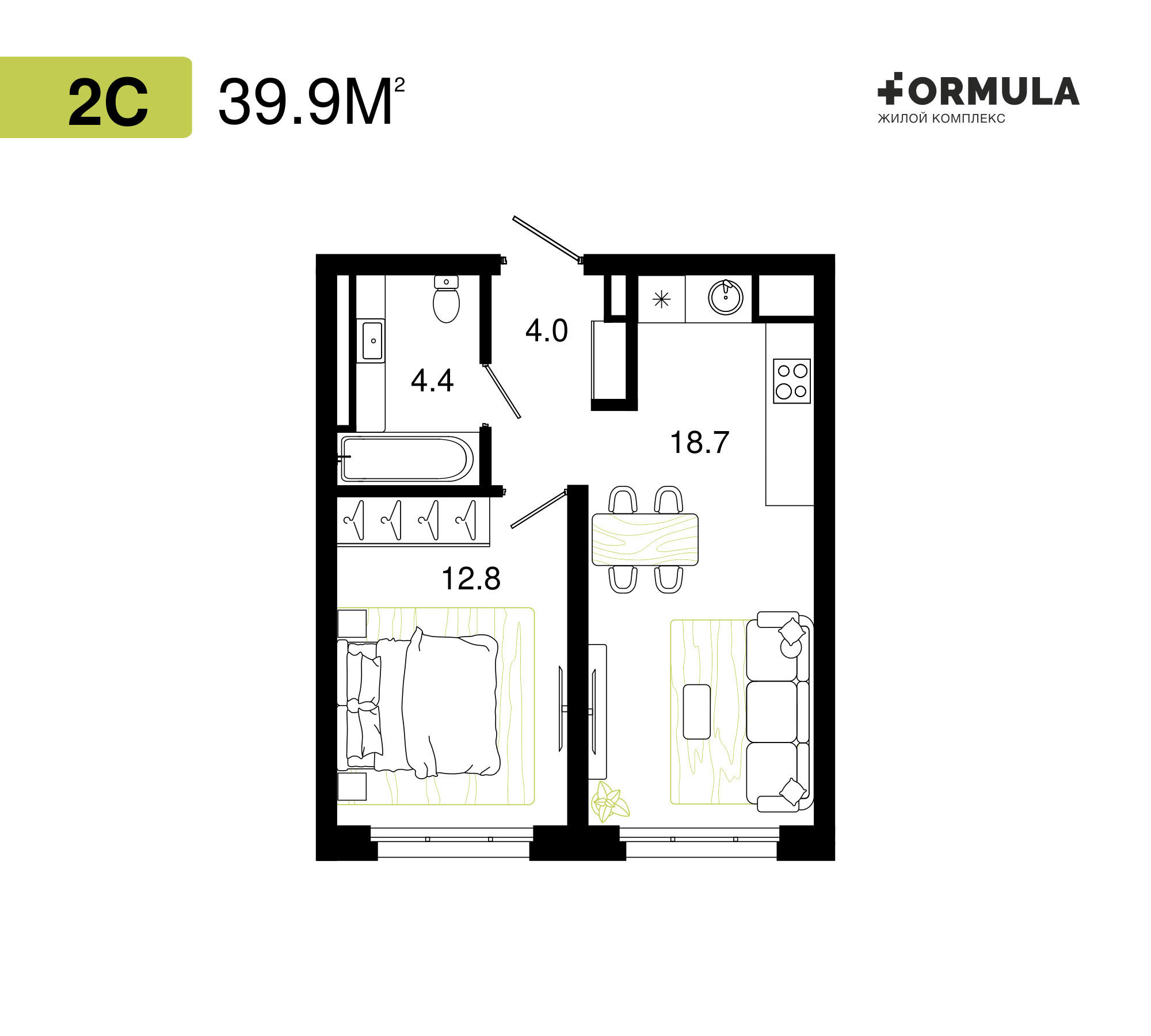 Формула | Планировка 6 | 2 студия / 39,9 м2